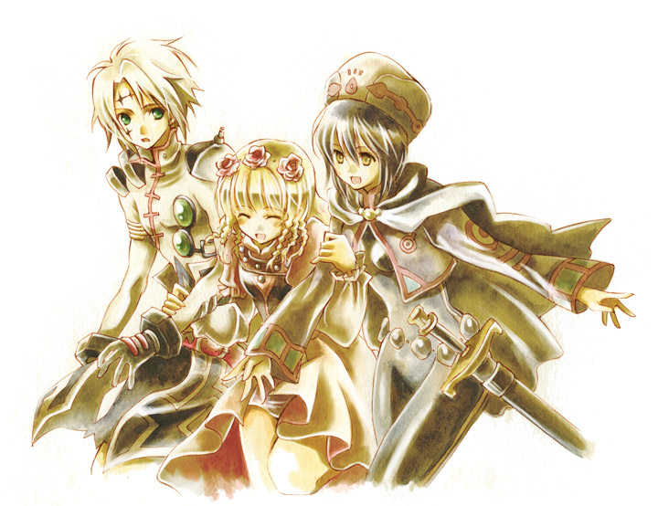 2girls, ^_^, black_hair, blonde_hair, bodysuit, bolero, cape, chloe_valens, closed_eyes, cropped_jacket, dress, eyes_closed, flower, gloves, green_eyes, hair_flower, hair_ornament, happy, hat, long_hair, multiple_girls, mytholo, pink_rose, rose, senel_coolidge, shirley_fennes, short_hair, sword, tales_of_(series), tales_of_legendia, weapon, white_background, white_hair, yellow_eyes