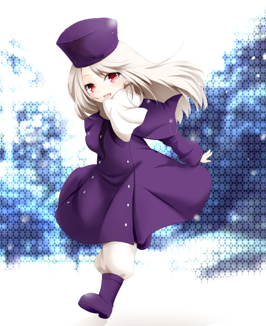 bad_id, fate/stay_night, fate_(series), hat, highres, illyasviel_von_einzbern, long_hair, red_eyes, scarf, silver_hair, snow, snowing, solo, white_hair, yaki_ringo