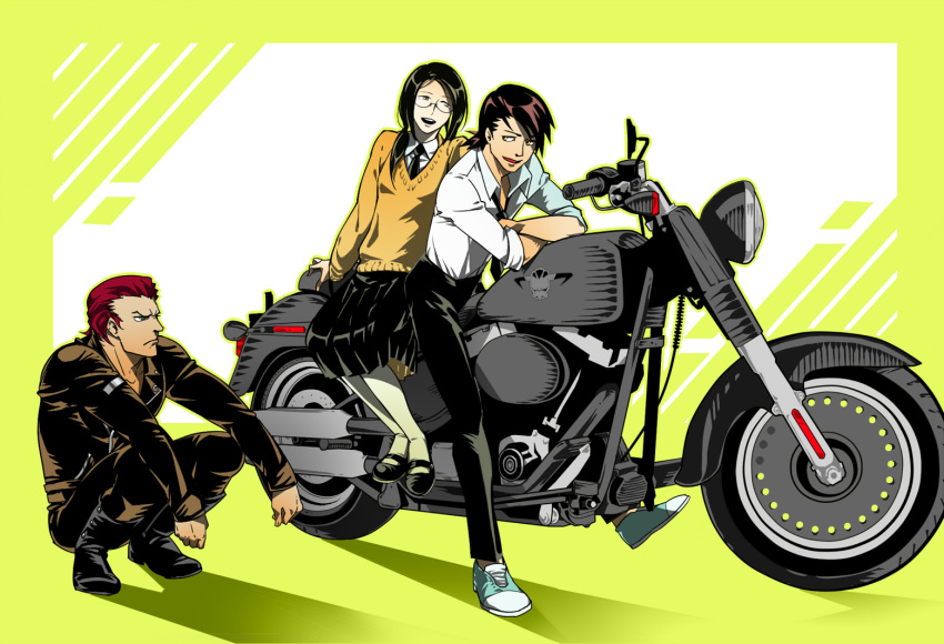 amamiya_tomoe, antonio_lopez, brown_eyes, brown_hair, dark_skin, glasses, green_eyes, kaburagi_t_kotetsu, kaburagi_tomoe, long_hair, mary_janes, motor_vehicle, motorcycle, multiple_boys, quetzal, school_uniform, shoes, teenage, tiger_&amp;_bunny, vehicle, young