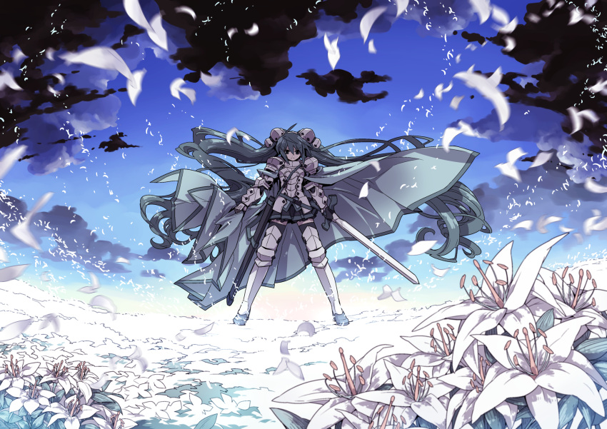 armor, cape, cloud, fantasy, flower, greaves, green_hair, hatsune_miku
