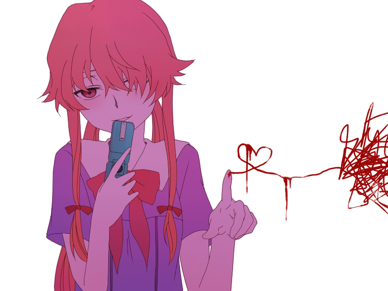 bow, cellphone, gasai_yuno, hair_over_one_eye, heart, mirai_nikki, nanananona, phone