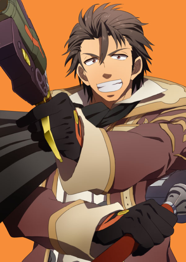 alvin_(tales_of_xillia), black_gloves, brown_eyes, brown_hair, coat, cravat, gloves, grin