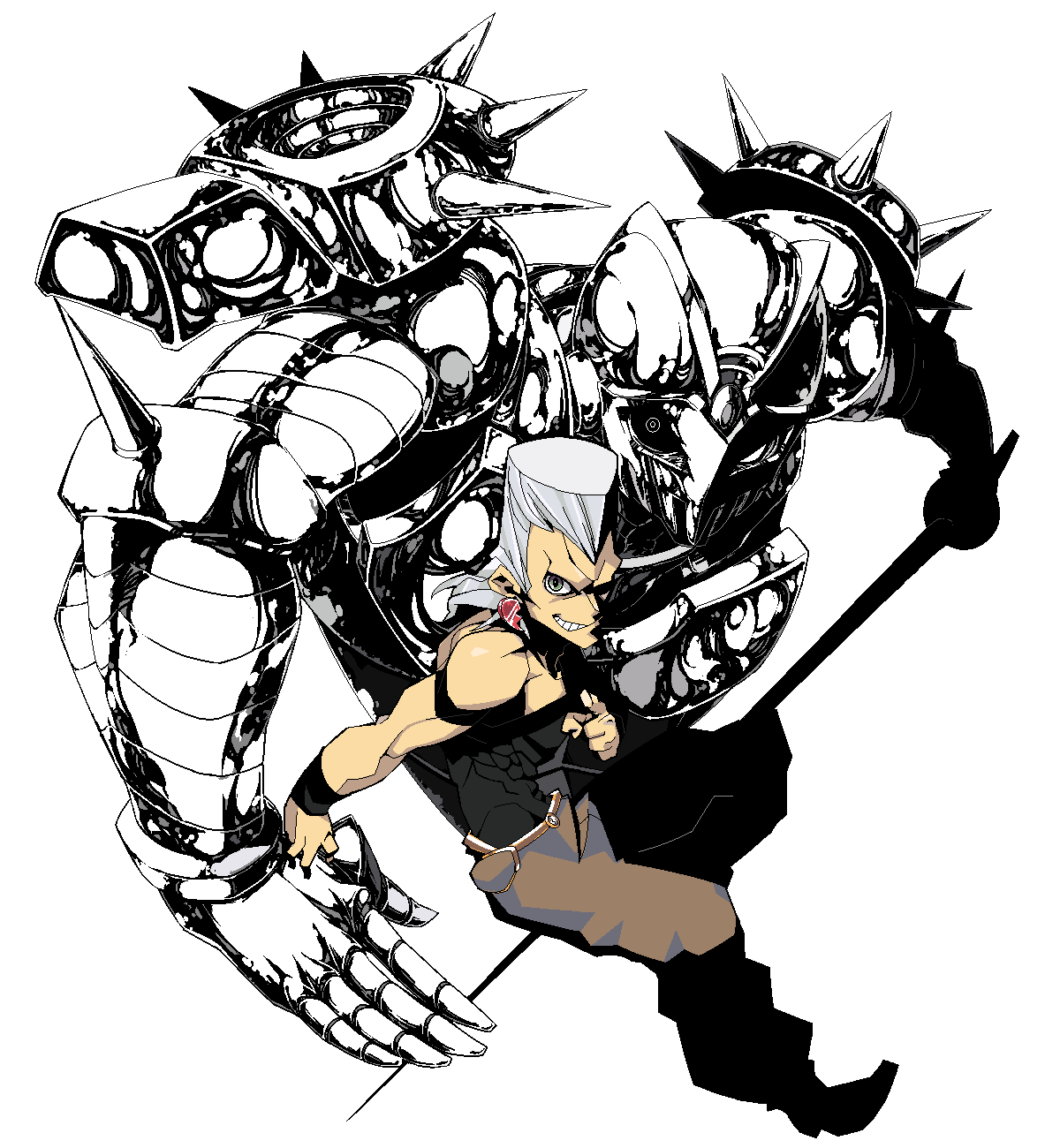 bare_shoulders, earrings, epee, green_eyes, grin, highres, jean_pierre_polnareff, jewelry, jojo_no_kimyou_na_bouken, male, muscle, pointing, rapier, silver_chariot, silver_hair, smile, spikes, stand_(jojo), sword, tight_shirt, vordandan, weapon, wristband