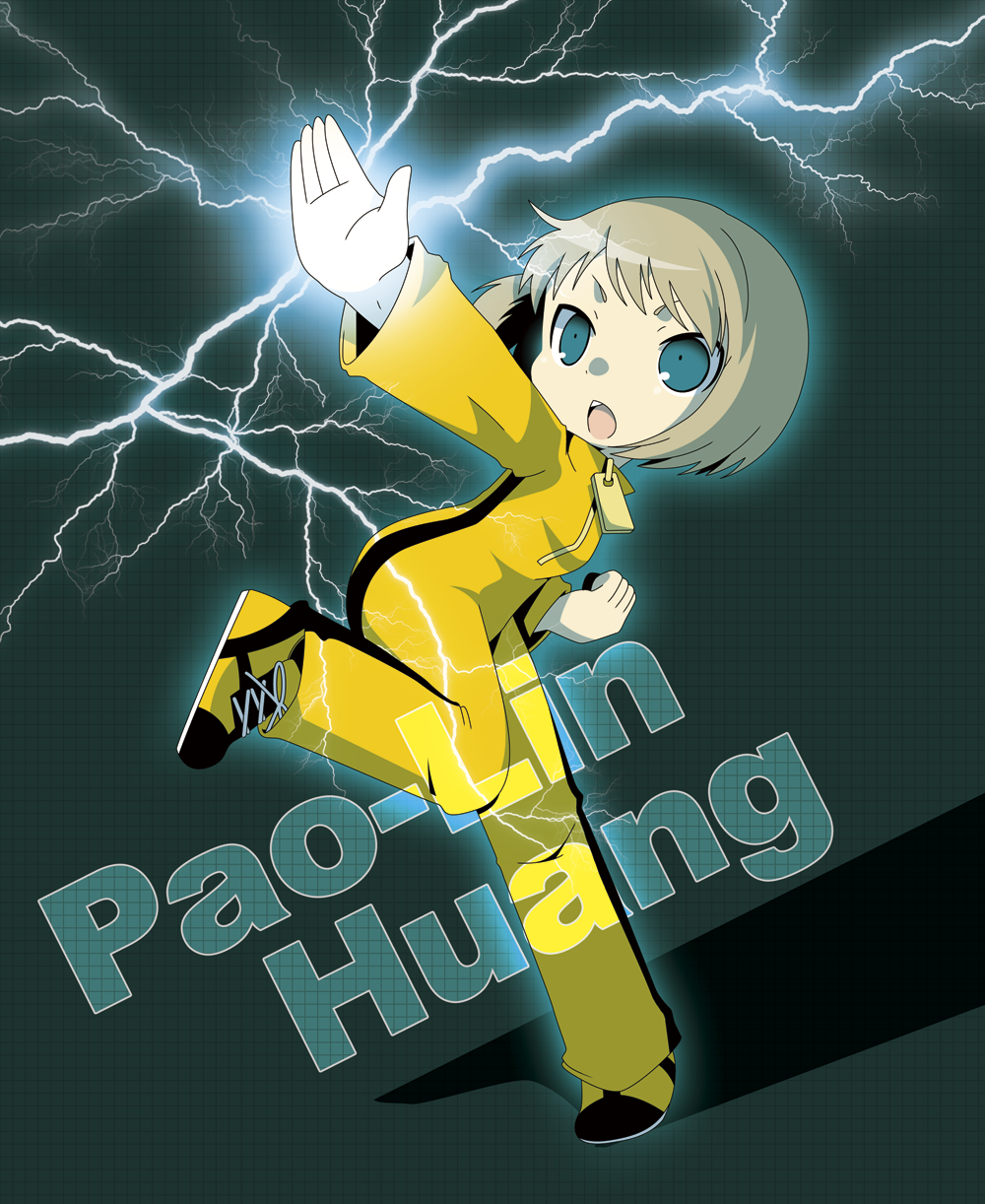 bruce_lee's_jumpsuit, bruce_lee's_jumpsuit, chibi, electricity, fighting_stance, highres, huang_baoling, misaki