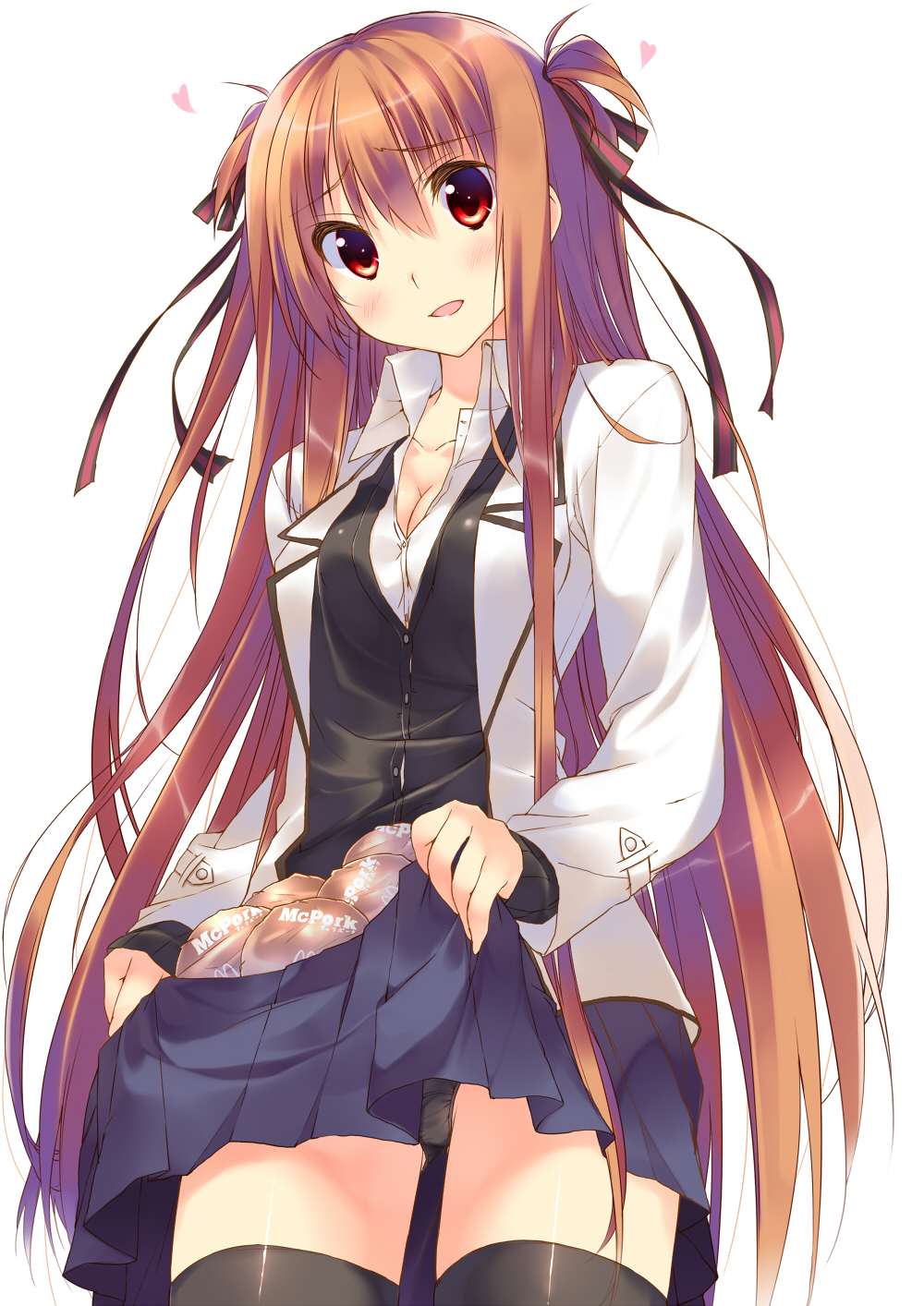 black_panties, breasts, brown_hair, cleavage, hair_ribbon, heart, highres, kuwashima_rein