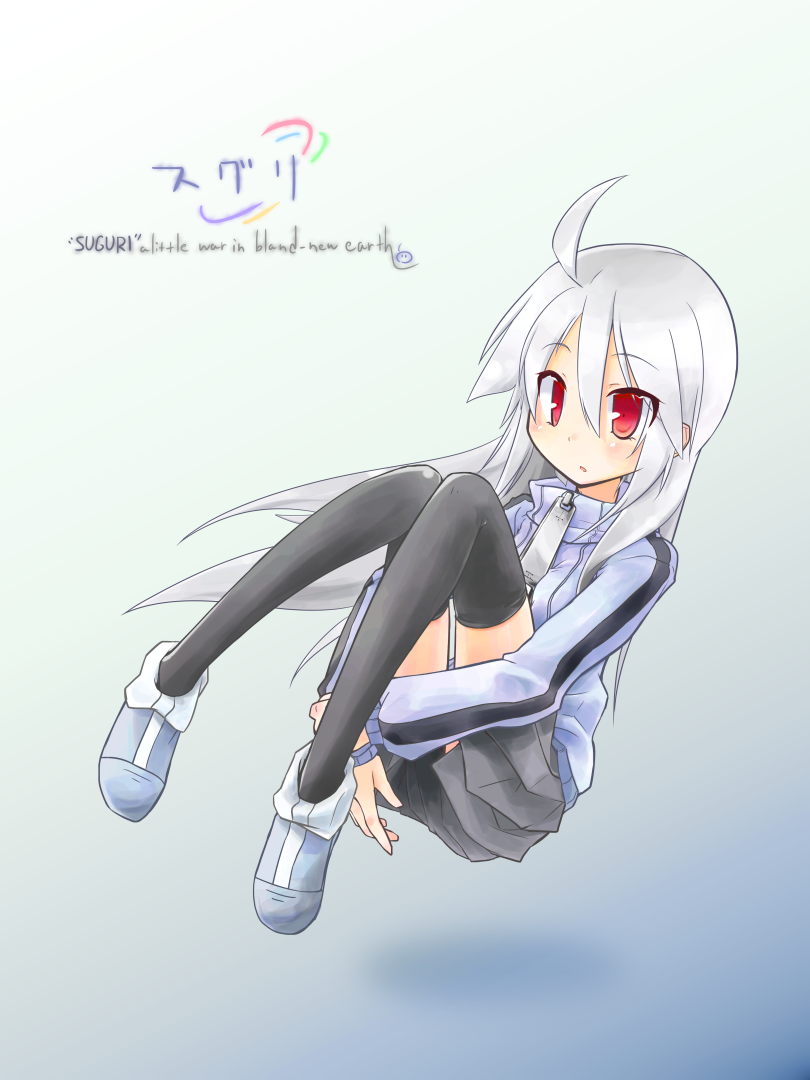 black_legwear, engrish, floating, fuka_mizno, leg_hug, pleated_skirt, ranguage, red_eyes