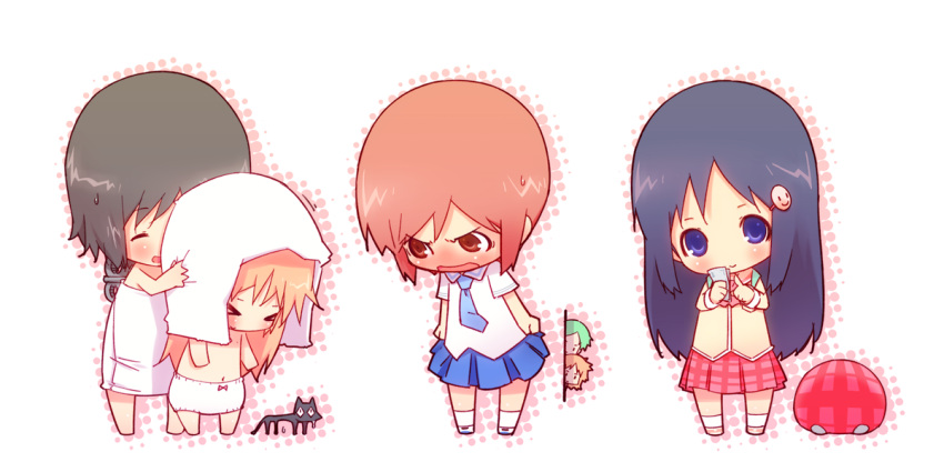 >_<, 6+girls, black_cat, black_hair, blonde_hair, bloomers, blue_hair, blush