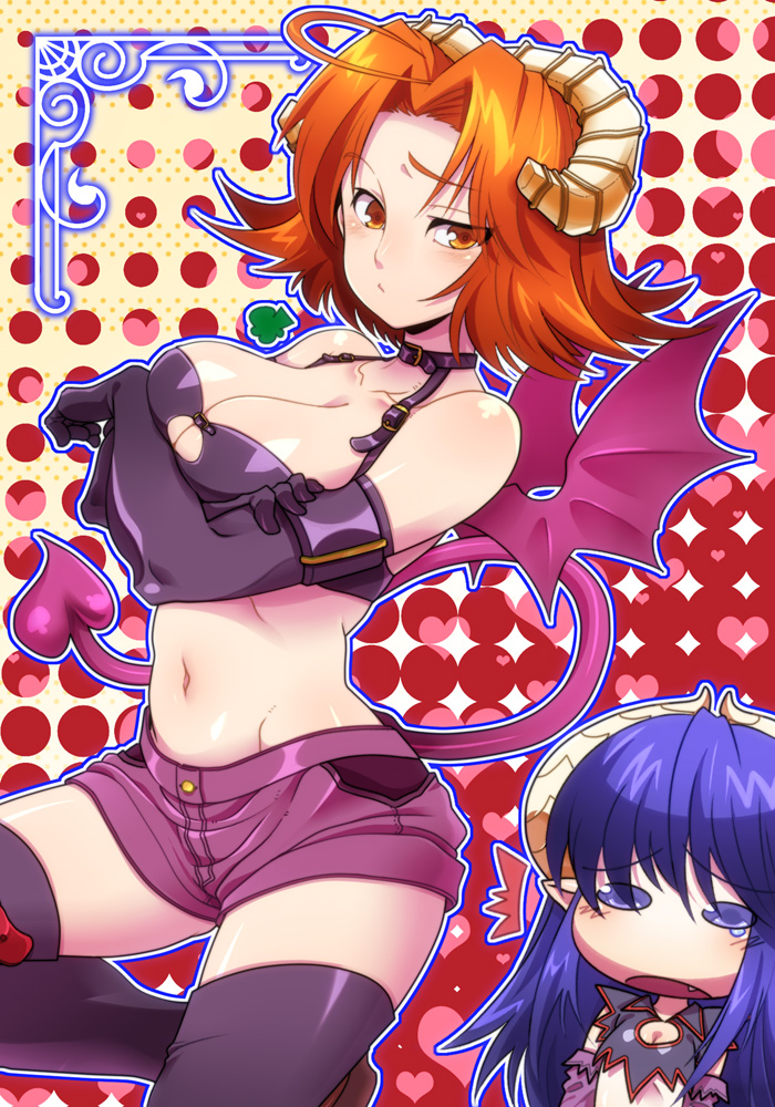 bad_id, black_legwear, blue_eyes, blue_hair, breast_hold, breasts, cleavage, cleavage_cutout, copyright_request, crossed_arms, demon_girl, demon_tail, demon_wings, elbow_gloves, gloves, horns, legs, midriff, multiple_girls, navel, orange_eyes, orange_hair, short_hair, shorts, tail, thigh-highs, thighhighs, thighs, uroko_(265), wings