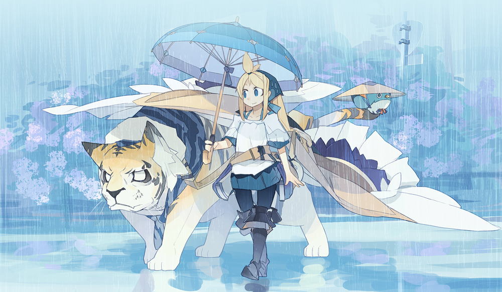akitsu_taira, armor, bird, blonde_hair, blue_eyes, fantasy, hat, izumi_luna_(akitsu_taira)