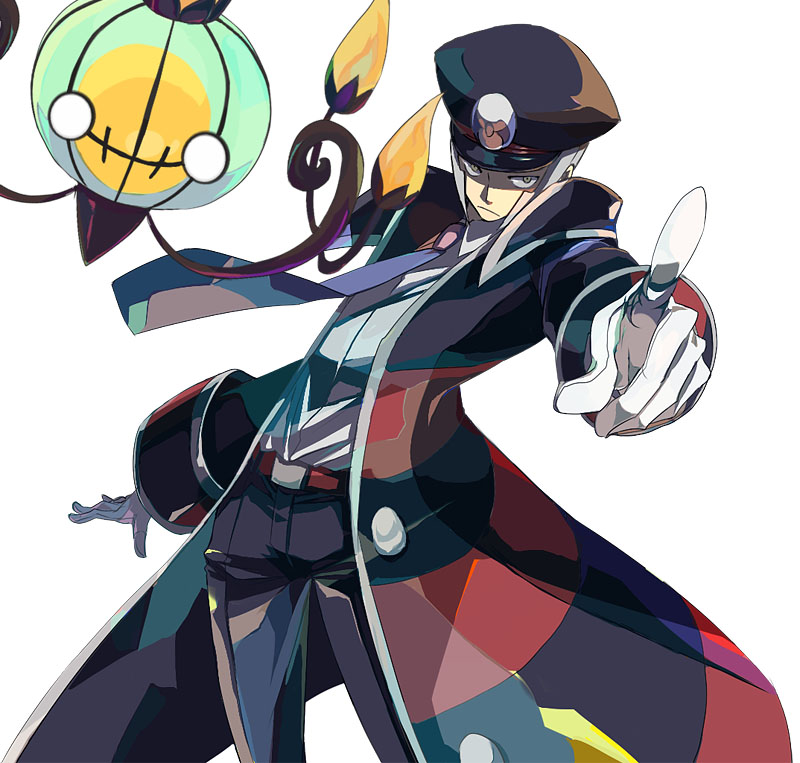 1boy, chandelure, coat, dendeko, frown, gloves, grey_eyes, grey_hair