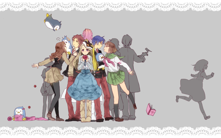 apple, bird, black_hair, blazer, blue_hair, bob_cut, boots, bow
