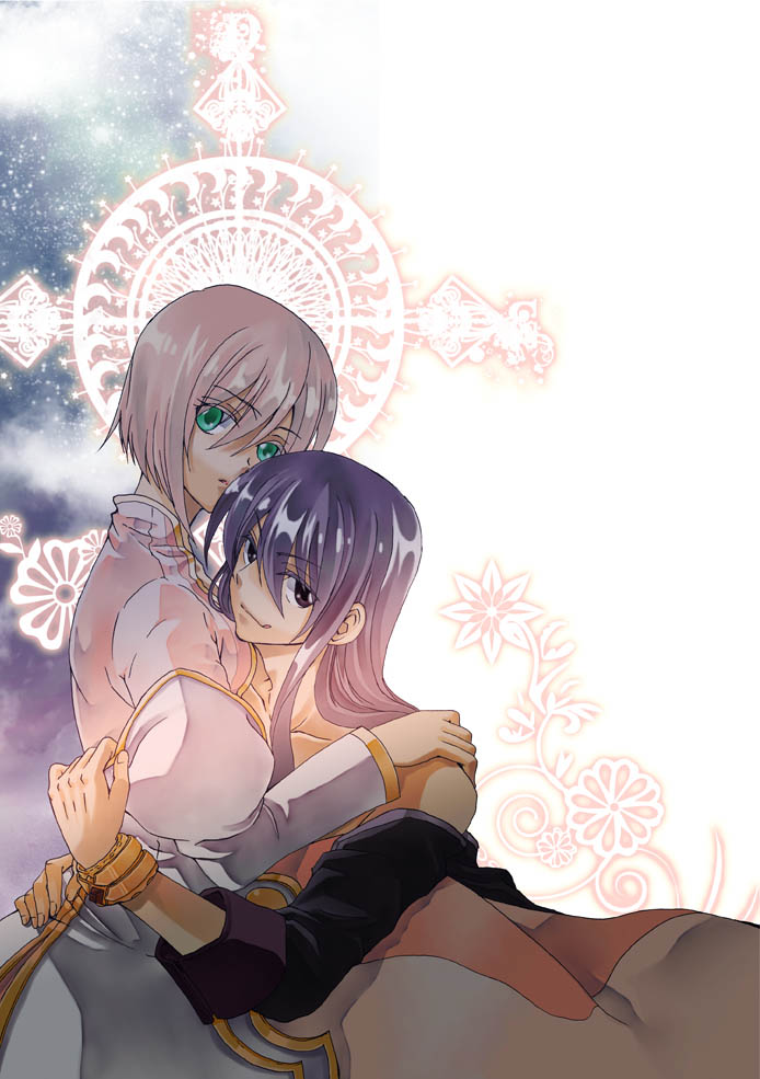 1girl, bare_shoulders, black_eyes, bracelet, couple, dafne, dress, estellise_sidos_heurassein, green_eyes, hug, jewelry, long_hair, off_shoulder, pink_hair, purple_hair, short_hair, smile, tales_of_(series), tales_of_vesperia, yuri_lowell