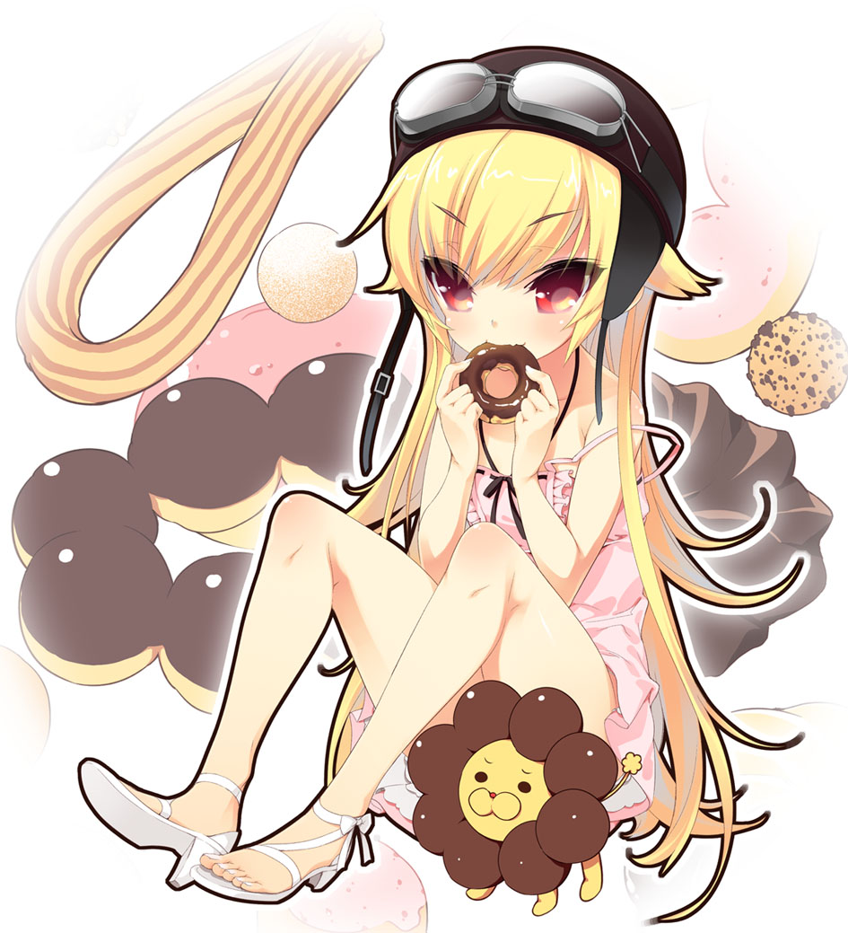 blonde_hair, censored, convenient_censoring, doughnut, dress, eating, food, goggles