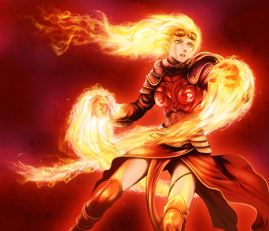 breastplate, chandra_nalaar, fiery_hair, fire, goggles, goggles_on_head, long_hair, magic:_the_gathering