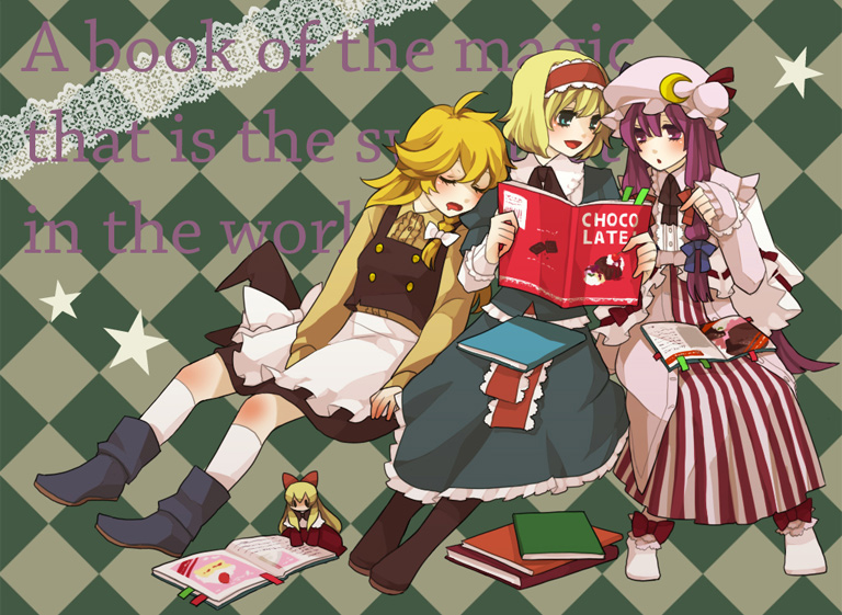alice_margatroid, blonde_hair, blue_eyes, book, hat, inoue_mikuni, kirisame_marisa, multiple_girls, patchouli_knowledge, purple_eyes, purple_hair, saliva, shanghai_doll, sleeping, touhou, violet_eyes