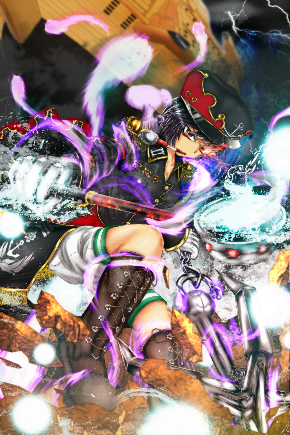 alternate_costume, anchor, aura, black_hair, boat, boots, chain, chains, dollar538, epaulettes, gloves, glowing, glowing_eye, glowing_hand, hat, highres, kiseru, magic, military, military_uniform, murasa_minamitsu, palanquin_ship, pipe, red_eyes, rock, sailor, sailor_hat, ship, smoking, solo, touhou, uniform, water, weapon, wood