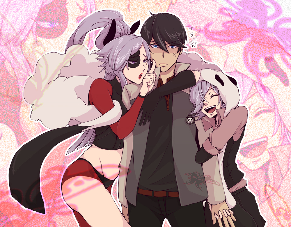 bad_id, black_hair, boa, breasts, dual_persona, feather_boa, gloves, hair_over_one_eye