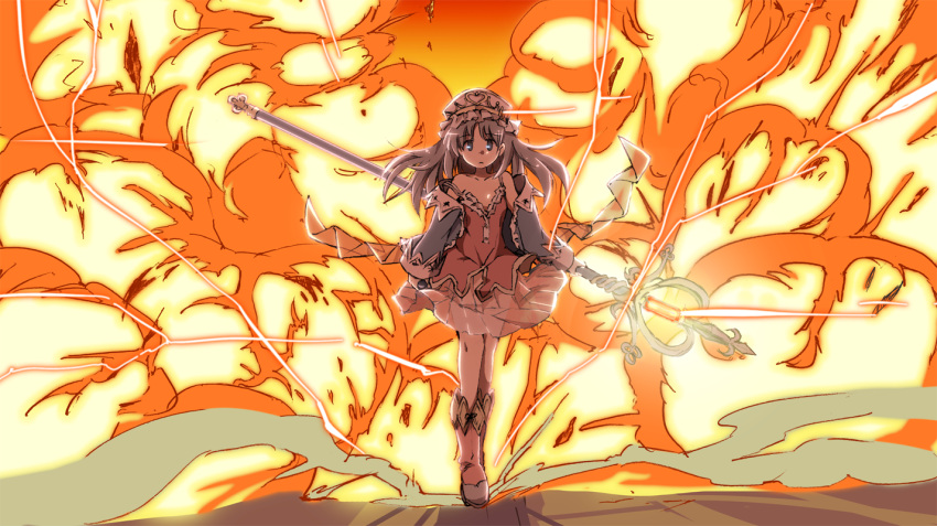 atelier_(series), atelier_totori, bad_id, bare_shoulders, explosion, grey_hair, hat, long_hair