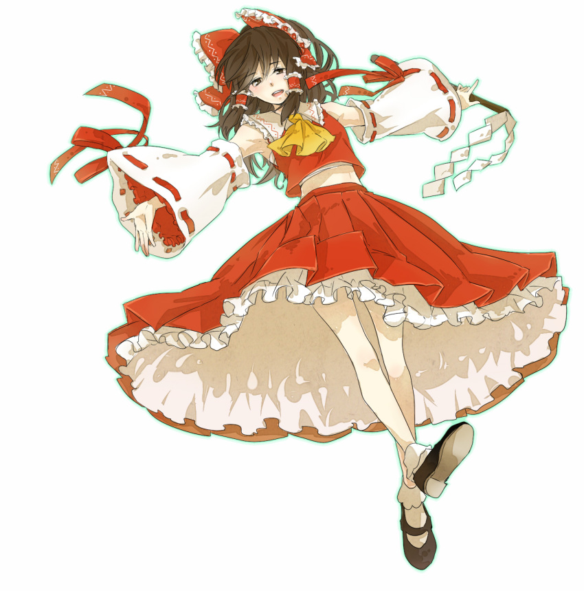 ambrosia, ascot, bobby_socks, bow, brown_eyes, brown_hair, detached_sleeves, footwear