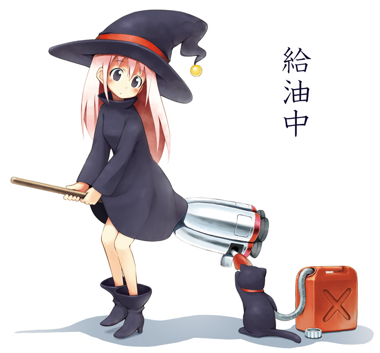 black_cat, black_cat_(animal), black_eyes, boots, broom, cat, dress, fueling, gas_can, hat, long_hair, original, pink_hair, translated, watch, witch, witch_hat