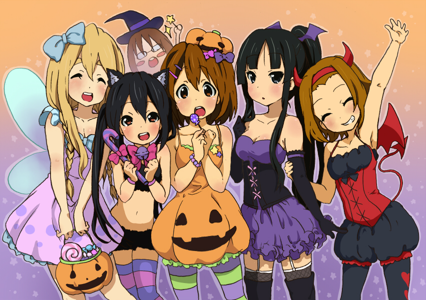 akiyama_mio, animal_ears, bat_wings, black_hair, blonde_hair, brown_eyes, brown_hair, bubble_skirt