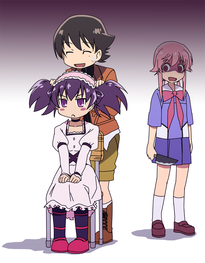 2girls, :<, aizawa_mai, amano_yukiteru, arawi_keiichi_(style), blush_stickers, gasai_yuno, hyadain_no_joujou_yuujou
