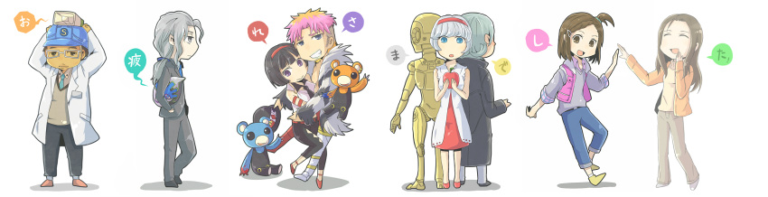 age_difference, amamiya_tomoe, android, bad_id, cis_(tiger_&amp;_bunny), closed_eyes, eyes_closed, ghost, hat, high_five, highres, jake_martinez, kaburagi_kaede, kaburagi_tomoe, kriem, lunatic_(tiger_&amp;_bunny), mad_bear_(tiger_&amp;_bunny), mask, mazui18, megaphone, mother_and_daughter, rotwang, saitou_(tiger_&amp;_bunny), side_ponytail, sleeves_rolled_up, tiger_&amp;_bunny, yuri_petrov