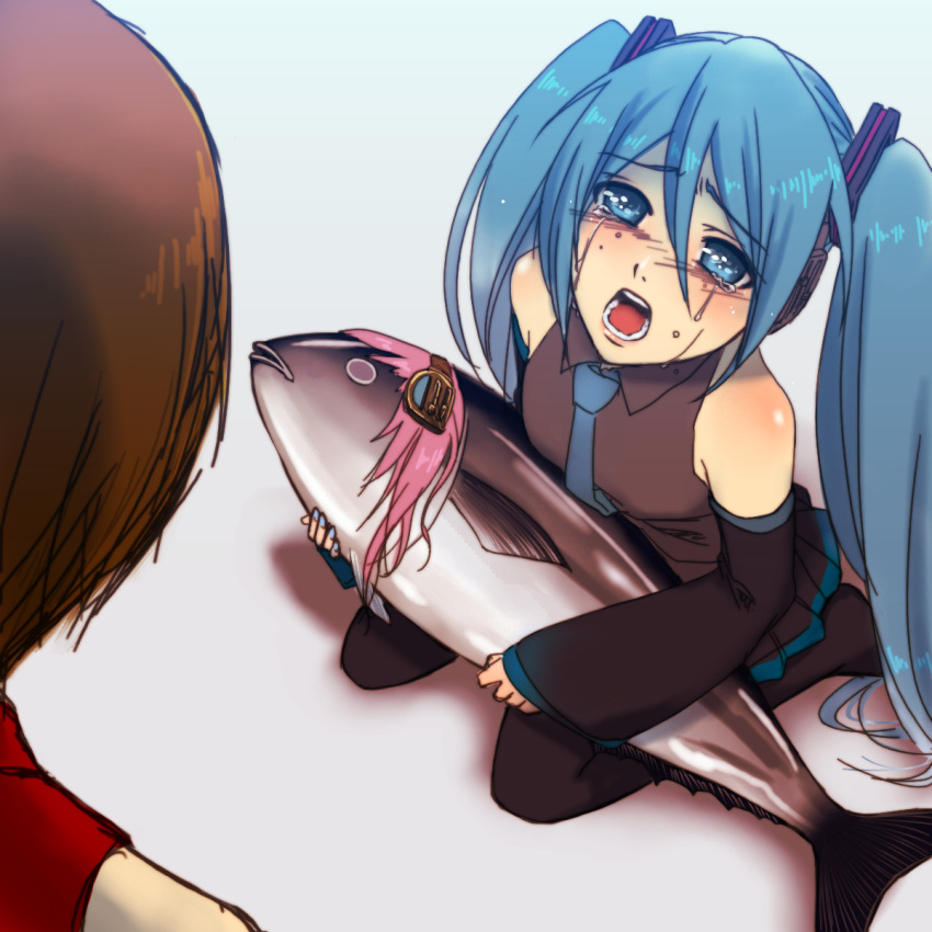 artist_request, bare_shoulders, blue_eyes, blue_hair, boots, brown_hair, butter_fly, detached_sleeves, fish, hatsune_miku, headphones, highres, long_hair, looking_up, megurine_luka, meiko, nail_polish, necktie, open_mouth, pink_hair, seiza, short_hair, sitting, skirt, sleeveless, sleeveless_shirt, tears, thighhighs, tuna, twintails, vocaloid, what