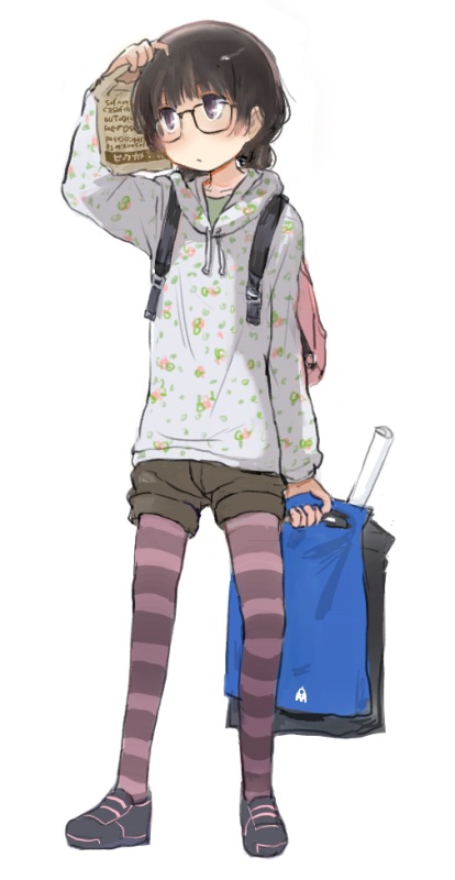 backpack, bag, black_hair, glasses, hoodie, legwear_under_shorts, long_hair, looking_away