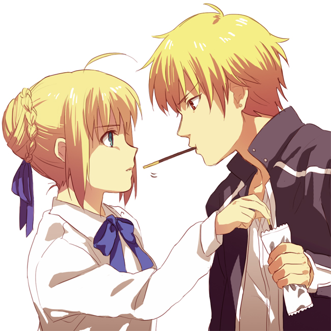 blonde_hair, dress, fate/stay_night, fate_(series), gilgamesh, green_eyes, hair_ribbon, pocky, red_eyes, ribbon, saber, short_hair, yone_f15