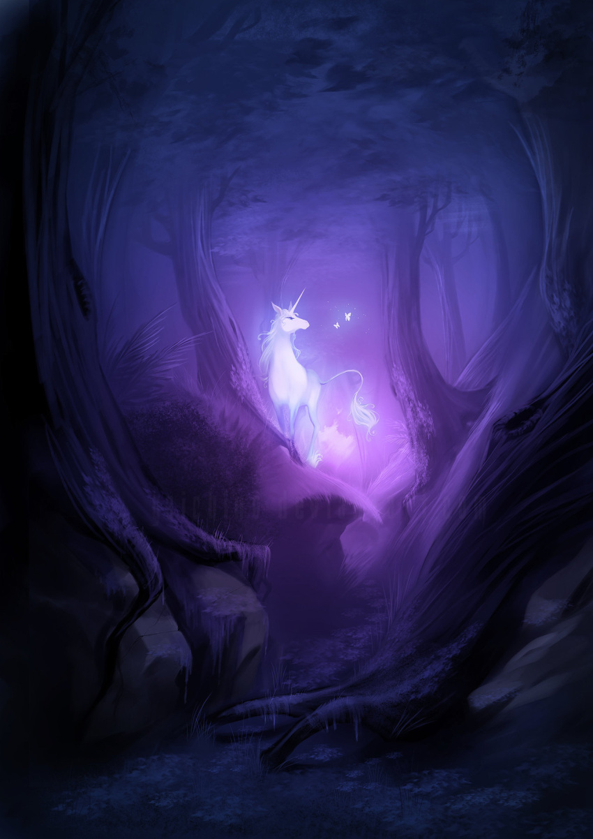 fantasy, forest, glowing, grass, highres, horns, nature, night