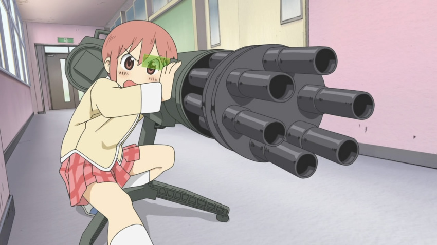 brown_eyes, brown_hair, cap, gatling_gun, gun, hallway, heads-up_display, hyadain_no_kakakata_kataomoi_-_c