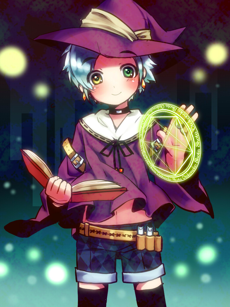 1boy, artist_request, black_legwear, blue_hair, blush, book, choker, copyright_request