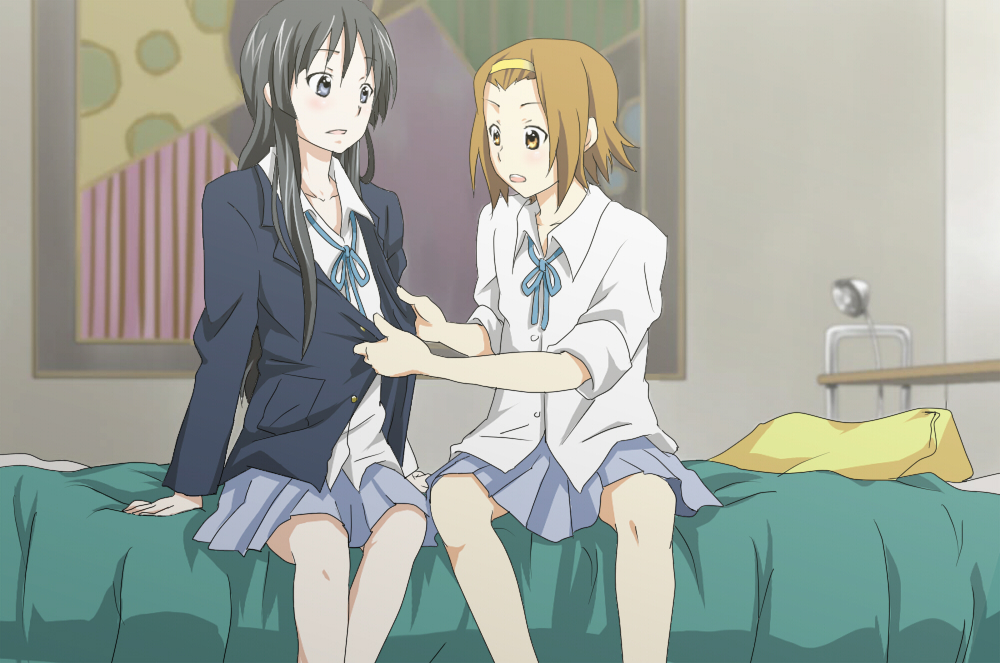 akiyama_mio, bed, bed_sheet, black_eyes, black_hair, blazer, blush, brown_eyes, brown_hair, dress_shirt, hairband, k-on!, lamp, long_hair, multiple_girls, myng, open_mouth, pillow, ribbon, school_uniform, shirt, short_hair, sitting, skirt, sleeves_rolled_up, tainaka_ritsu