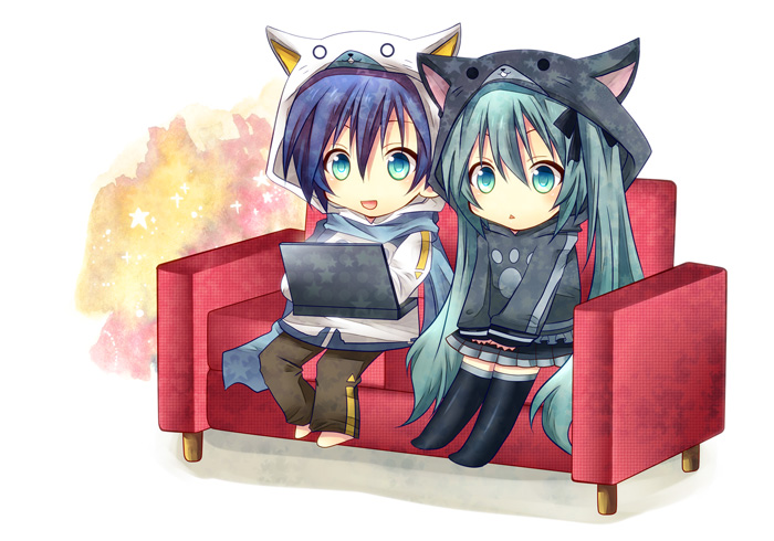 aqua_hair, blue_hair, cat_hood, chibi, computer, couch, hatsune_miku, hood