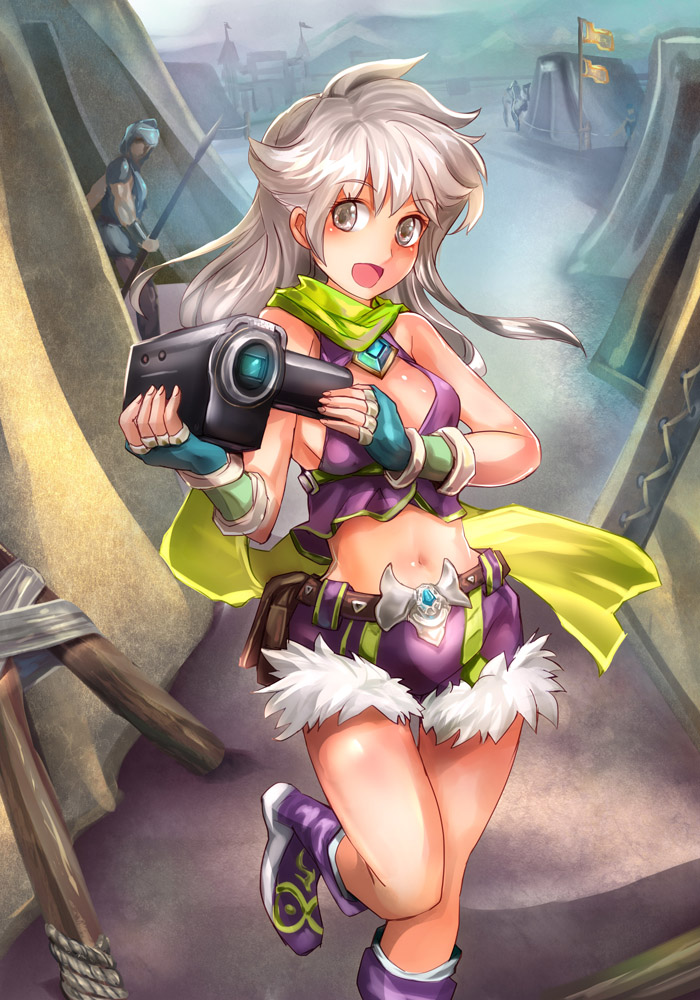 :d, bare_shoulders, blush, camcorder, fingerless_gloves, fur_trim, gloves, grey_eyes
