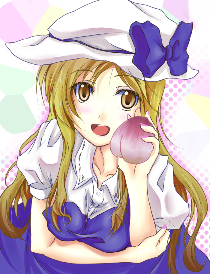 blonde_hair, brown_eyes, collarbone, food, fruit, hat, holding, holding_fruit