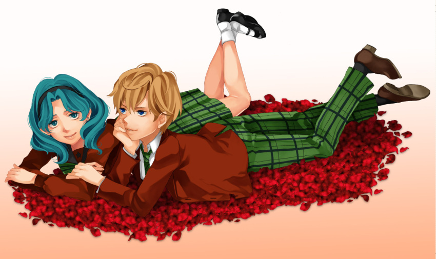 bishoujo_senshi_sailor_moon, blonde_hair, blue_eyes, flower, green_hair, kaiou_michiru, kitashiba, reverse_trap