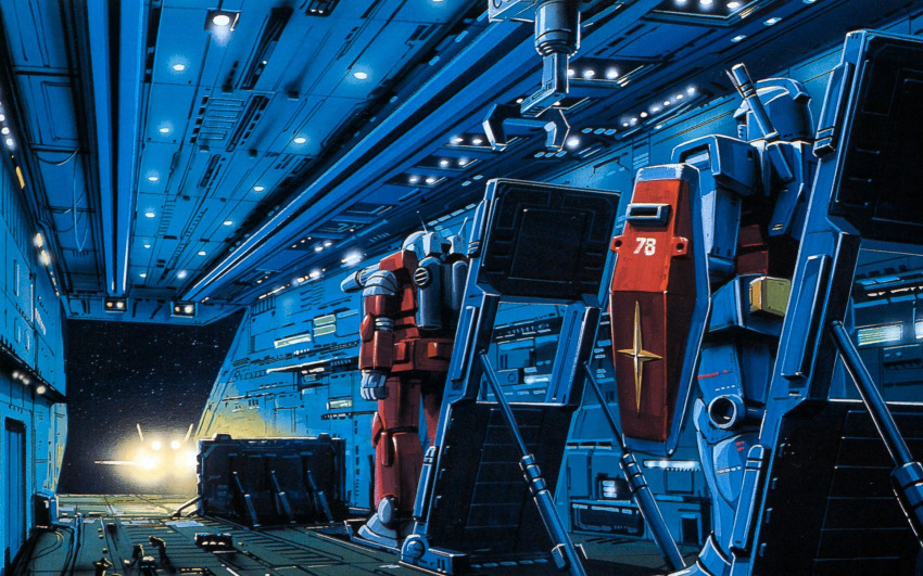 core_fighter, earth_federation, engineer, guncannon, gundam, hangar, highres, launch