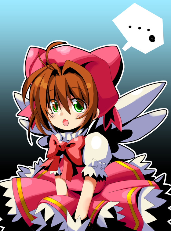 akashiro, brown_hair, card_captor_sakura, cardcaptor_sakura, dress, green_eyes, hat, kinomoto_sakura, short_hair, totsuki_tooka, wand, wings