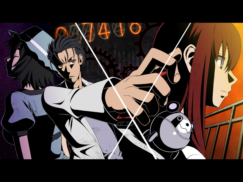 blue_eyes, brown_hair, cellphone, hat, labcoat, letterboxed, long_hair, makise_kurisu