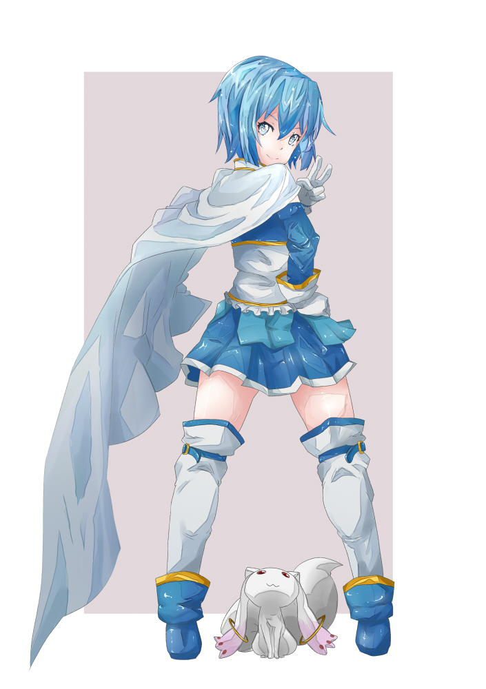 back, blue_eyes, blue_hair, cape, kyubey, looking_back, magical_girl, mahou_shoujo_madoka_magica