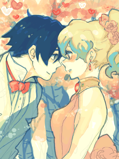1girl, bad_id, blue_hair, bowtie, couple, dress, earrings, eye_contact