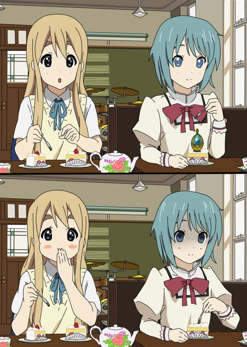 cake, chalkboard, crossover, cup, door, drum, drum_set, eating, empty_eyes, food, fork, fruit, highres, holding, holding_fork, instrument, k-on!, kotobuki_tsumugi, mahou_shoujo_madoka_magica, miki_sayaka, multiple_girls, open_mouth, parody, porinkii, room, school_uniform, smile, soul_gem, strawberry, style_parody, table, teacup, teapot, turn_pale, window
