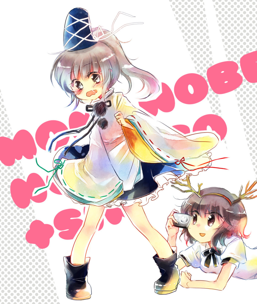 antlers, bad_id, black_hair, blush, brown_eyes, camera, grey_eyes, grey_hair
