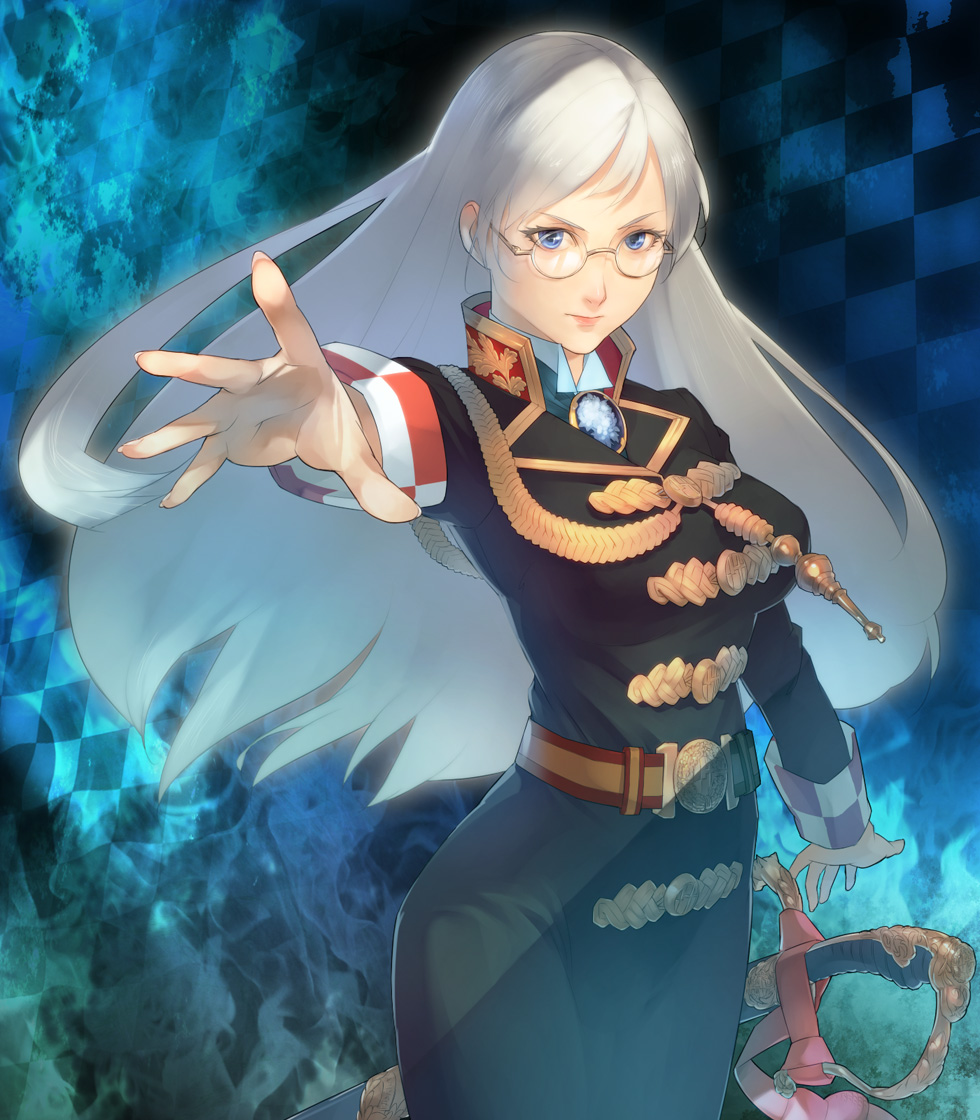 asa_(y-asa), belt, blue_eyes, brooch, copyright_request, glasses, jewelry, long_hair, military, military_uniform, silver_hair, solo, sword, uniform, weapon, white_hair