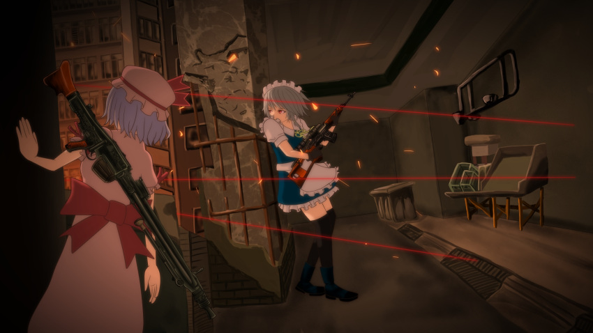 bipod, dragunov_svd, drum_magazine, gun, hat, highres, izayoi_sakuya, laser