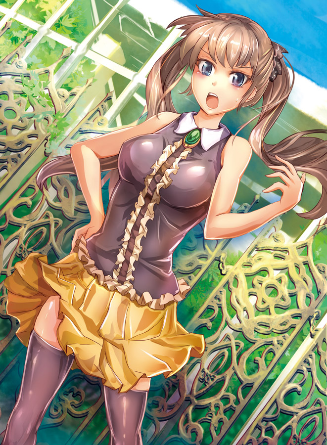 1girl, black_legwear, blue_eyes, blush, breasts, brooch, brown_hair, dutch_angle
