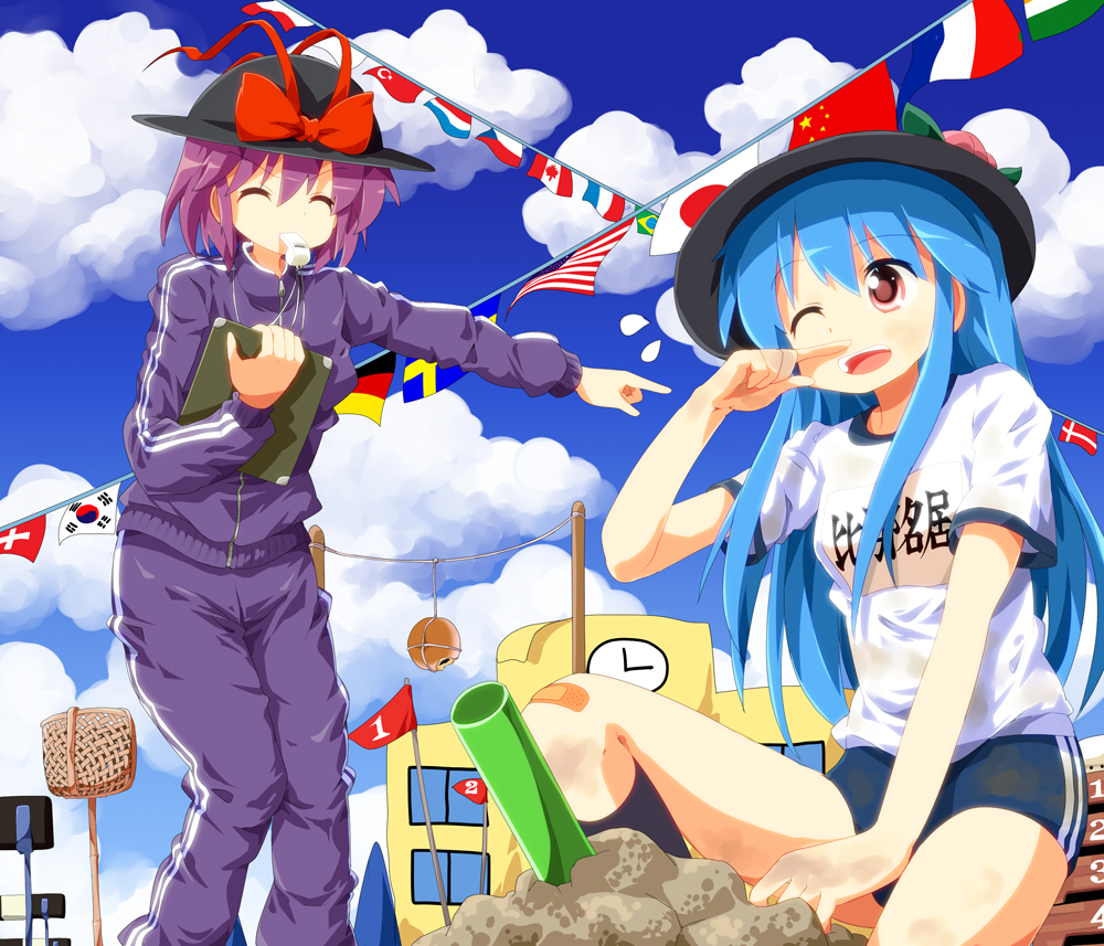 american_flag, bandaid, blue_hair, brazilian_flag, buruma, canadian_flag, closed_eyes, czech_flag, danish_flag, eyes_closed, flag, food, french_flag, fruit, german_flag, gym_uniform, hat, hinanawi_tenshi, indian_flag, jacket, japanese_flag, long_hair, luxembourgish_flag, multiple_girls, nagae_iku, peach, people's_republic_of_china_flag, polish_flag, purple_hair, red_eyes, short_hair, south_korean_flag, swedish_flag, swiss_flag, touhou, track_suit, tsurukou_(tksymkw), turkish_flag, whistle, wink