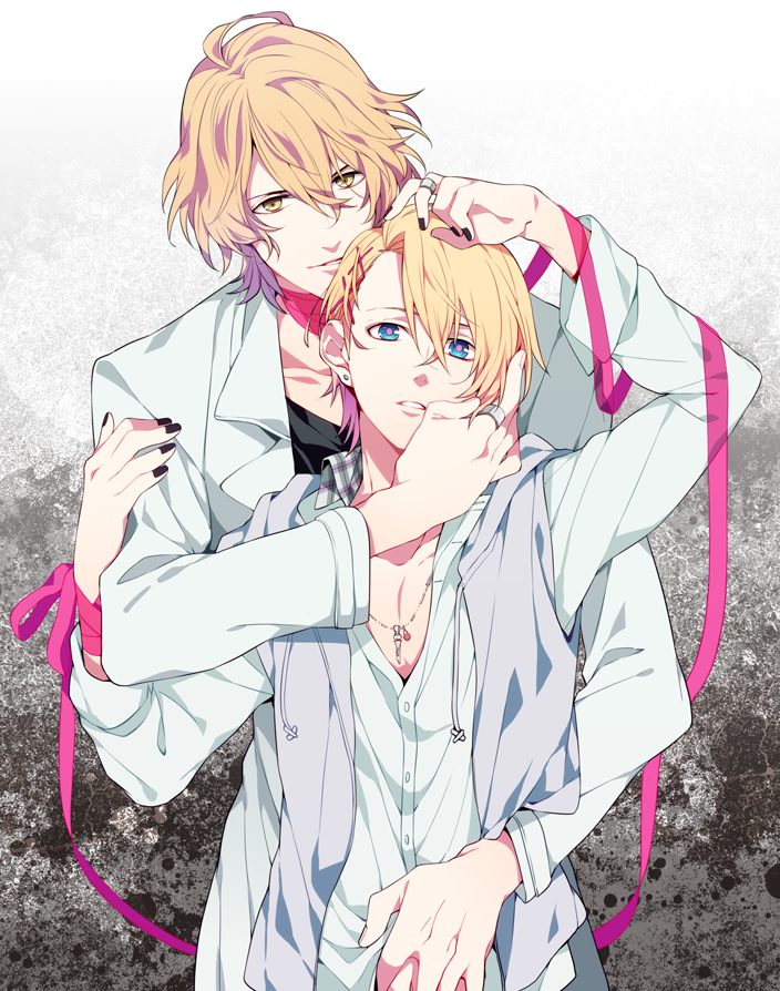 bad_id, blazer, blonde_hair, blue_eyes, groping, hair_ornament, hairclip, hug